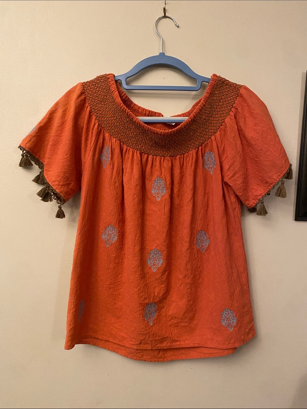THML Orange Smocked-Neck Tassel Sleeve Blouse